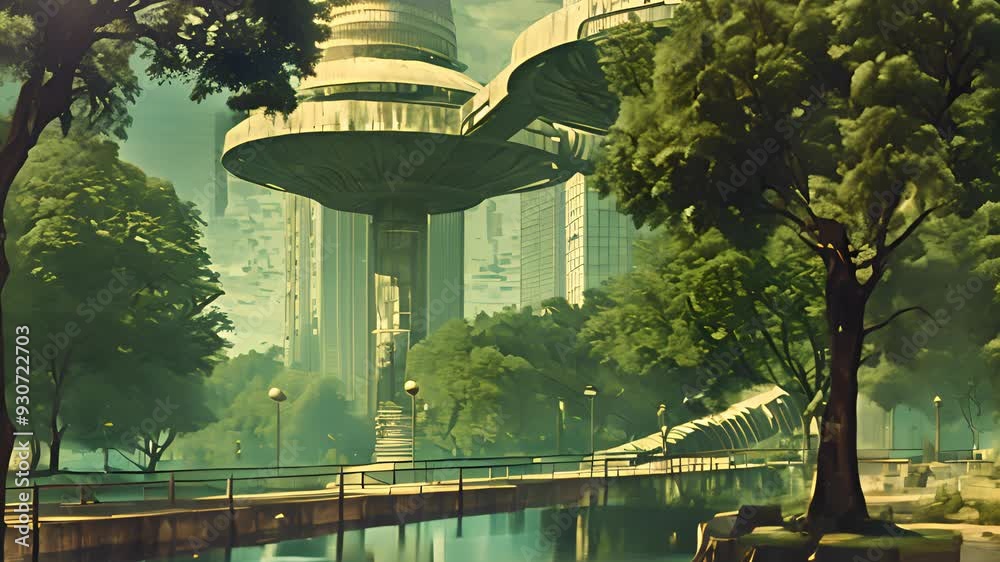 Poster retrofuturistic landscape in mid-century sci-fi style. retro science fiction scene with futuristic c