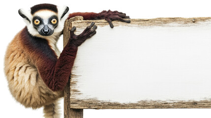 Fototapeta premium A sifaka lemur clinging to the side of a blank wooden sign, with its long legs extended, isolated, cut out.