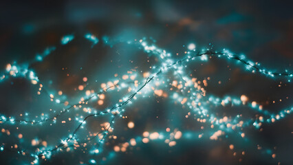 Mystical Teal Lights: A mesmerizing abstract image featuring a web of glowing teal lights against a dark, blurred background. The ethereal glow creates an atmosphere of wonder and mystery, captivating