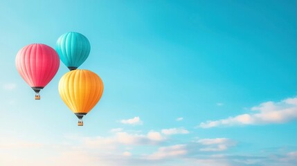 Obraz premium Three colorful hot air balloons float in a clear blue sky.