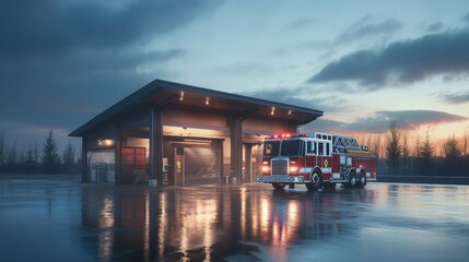 Obraz premium Realistic Front View of a Busy Fire Station Building on a Sunny Day