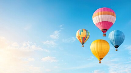 Naklejka premium Three colorful hot air balloons float in a clear blue sky.