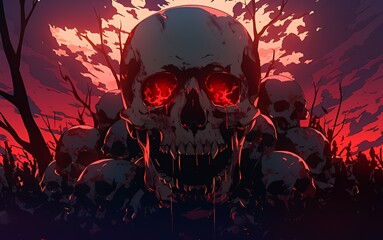 A dark, stylized illustration featuring a large skull with glowing eyes surrounded by smaller skulls.