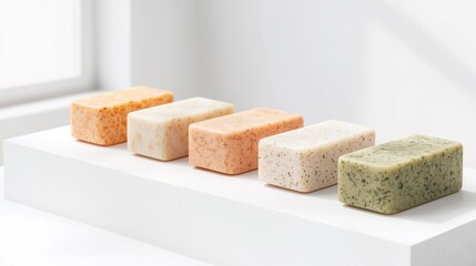 Assortment of colorful natural handmade soap bars on white surface.