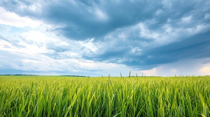 Obraz premium Green field with dramatic stormy sky in the background.