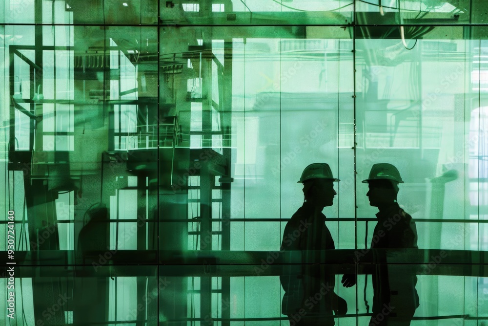 Poster two construction workers stand in front of a large glass wall, likely part of a building project