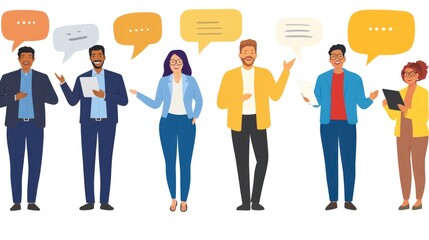 Obraz premium Diverse Group Engaging in Social Interactions with Speech Bubbles in a Casual Setting