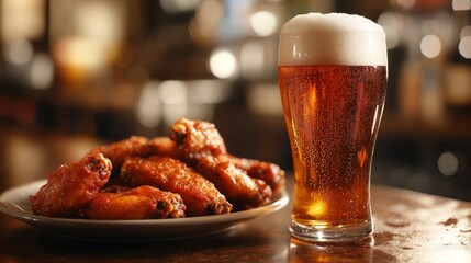 A plate of crispy chicken wings beside a chilled glass of beer, showcasing a classic pairing for a casual dining or pub experience