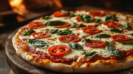 A delicious pizza topped with fresh mozzarella, juicy tomato slices, and vibrant basil leaves, set on a wooden surface.