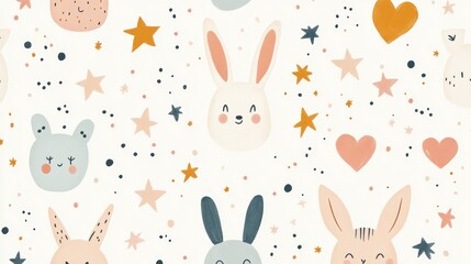 Obraz premium A whimsical pattern featuring cute animal faces, particularly rabbits, along with stars and hearts in soft pastel colors against a light background