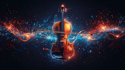 A scene of music explosion with bright notes surrounding the violin