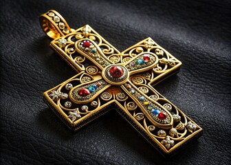 Intricately designed golden Orthodox cross with ornate details and enamel inlays, set against a rich velvety black background, evoking spirituality and reverence.