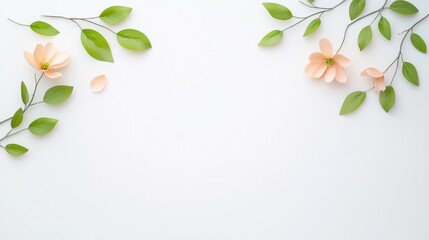 Delicate mint green and peach spring leaves with tiny magnolia petals on a white backdrop. Minimalistic, high resolution, clear sharp focus, hyper-detailed.