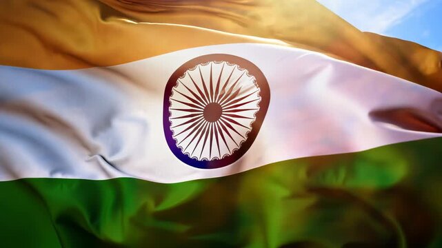 Close up to the Indian flag flapping or waving. hinduism, freedom, politics, emerging, economic, cultures, nation, patriotic, democracy, government, backgrounds, slow motion, flow, flowing, no people,