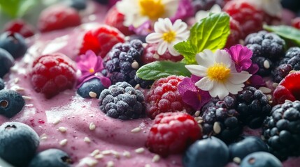 A vibrant bowl of berry smoothie topped with fresh raspberries, blackberries, blueberries, and edible flowers, creating a visually appealing and healthy treat