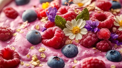 A vibrant bowl of smoothie topped with fresh raspberries, blueberries, edible flowers, and oats, creating a colorful and nutritious treat