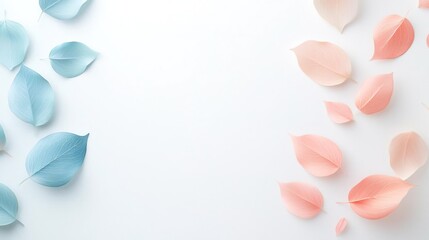 Fototapeta premium Tiny mint blue and coral pink spring leaves with tiny azalea petals on a white backdrop. Minimalistic, high resolution, clear sharp focus, hyper-detailed.