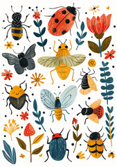 Obraz premium Image with cute cartoon insects and nature objects for kids to play memory game on white background in colorful patterns