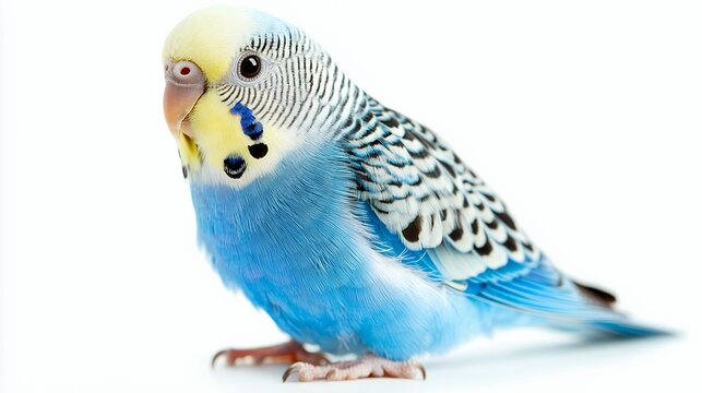 A vibrant blue budgerigar perched, showcasing its colorful feathers and playful demeanor.