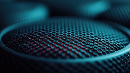 A detailed close-up image displaying a hexagonal black-patterned surface with glowing red illumination coming through the intricate spaces, showcasing modern texture art.