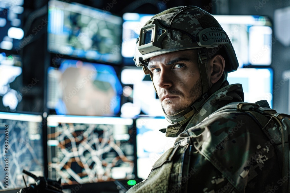 Aufkleber a man in a military uniform sits at workstations with multiple screens