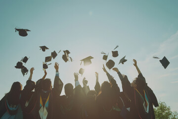 Group of students throwing graduation caps in the air