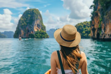 A woman sitting on a boat wearing a straw hat, enjoying the outdoors