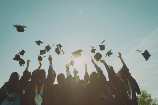 Group of students throwing graduation caps in the air