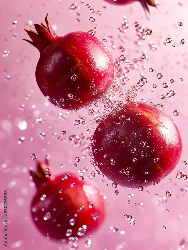 Wall mural A bunch of pomegranates falling into the water with bubbles