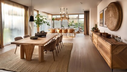 Fototapeta premium Open Space room with Organic Materials - open-concept living and dining area interior. Eco friendly house. Graphic art illustration