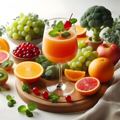 A wine glass of pure orange juice with mint realistic illustration design