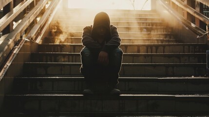 Moody silhouette of a hooded person sitting on stairs, bathed in dramatic sunset light, evoking themes of solitude and contemplation