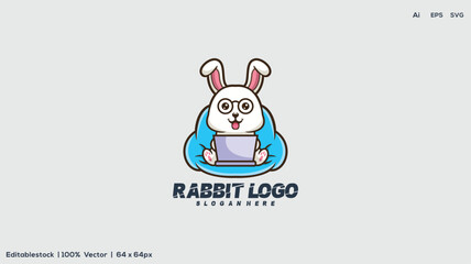 Simple, minimalistic rabbit in hole logo. Cute cartoon bunny vector illustration.