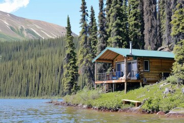 Obraz premium An image of a tranquil lakeside cabin nestled among trees, with a reflection on calm waters, inviting lakeside retrea