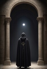 Naklejka premium A mysterious figure in a dark cloak stands beneath an archway, illuminated by moonlight. This captivating scene evokes themes of mysticism and the supernatural.