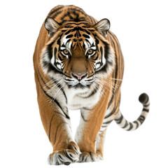 Fototapeta premium A striking Bengal tiger prowling with intent, isolated, cut out.