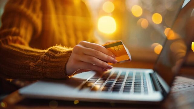 Person shopping online using credit card on laptop. E-commerce concept.