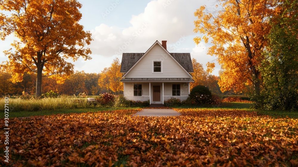 Poster a white house with a porch sits in a field of autumn leaves. the house is surrounded by trees and th