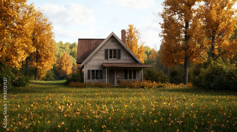 Poster a small house with a porch sits in a field of yellow grass. the house is surrounded by trees and the