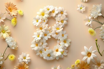A creative design featuring the number eight constructed from flowers on a wall