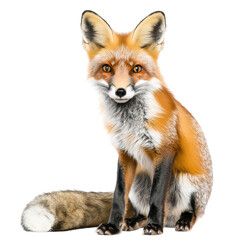 Fototapeta premium A charming red fox sitting with a fluffy tail wrapped around, isolated, cut out.