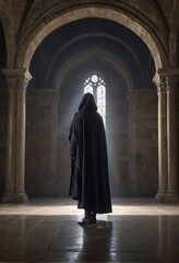 Naklejka premium A mysterious cloaked figure stands in a dimly lit medieval setting, creating an atmosphere of intrigue and suspense perfect for fantasy or historical themes.