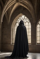 Naklejka premium Mysterious figure in a dark cloak stands in a medieval setting, evoking themes of fantasy, secrecy, and intrigue.