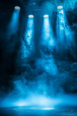 Blue stage lights illuminating round platform with smoke effect