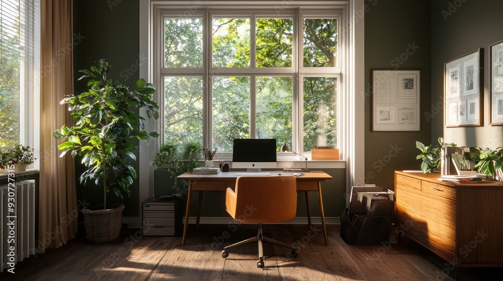 Poster a small office with a desk, chair, and a potted plant. the room is bright and inviting, with a large