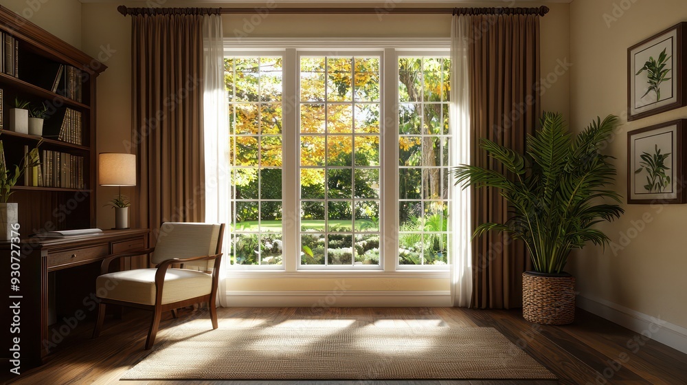 Poster A room with a large window and a chair in front of it. The chair is empty and the window is open, letting in sunlight. The room is decorated with a potted plant and a vase