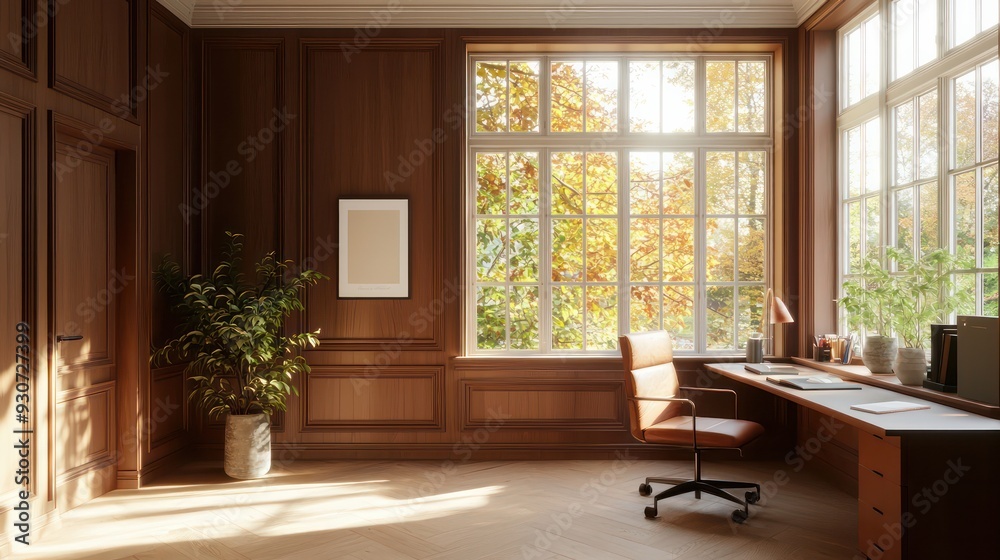 Poster a large room with a wooden floor and a desk with a chair. the room is empty and has a lot of natural