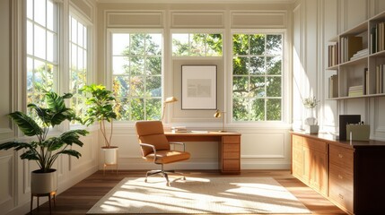 Fototapeta premium A room with a desk, chair, and bookshelves. The room is bright and airy, with a large window letting in plenty of natural light. The desk is cluttered with books and a laptop