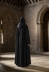 Naklejka premium Mysterious figure in a dark cloak stands in a medieval stone setting, evoking intrigue and a sense of drama.