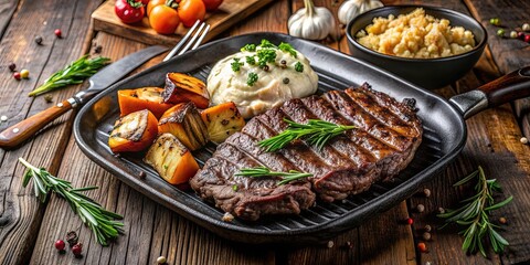 Juicy flap steak sizzles on a grill, served with a side of roasted vegetables and crispy garlic mashed potatoes on a rustic wooden table.